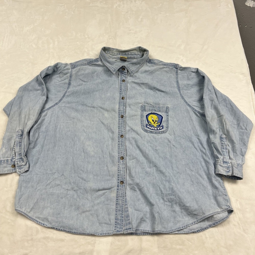Looney Tunes Denim Shirt Womens 2X Blue Tweety Bird Patch Button Down LS